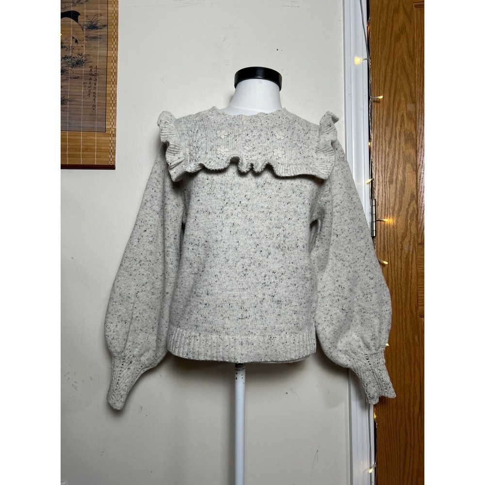 Bohme Mimi Knit‎ Sweater Ruffle Speckle Knit Sweater Balloon Sleeve Preppy S - Picture 2 of 8